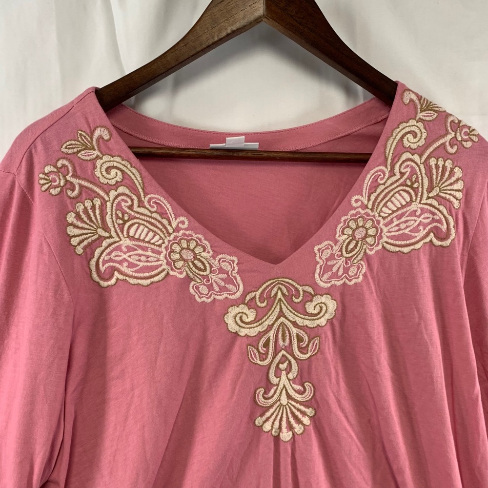 J. Jill Embroidered V-Neck Top Womens Large Pink 3/4 Sleeve Cotton Modal - Picture 2 of 11
